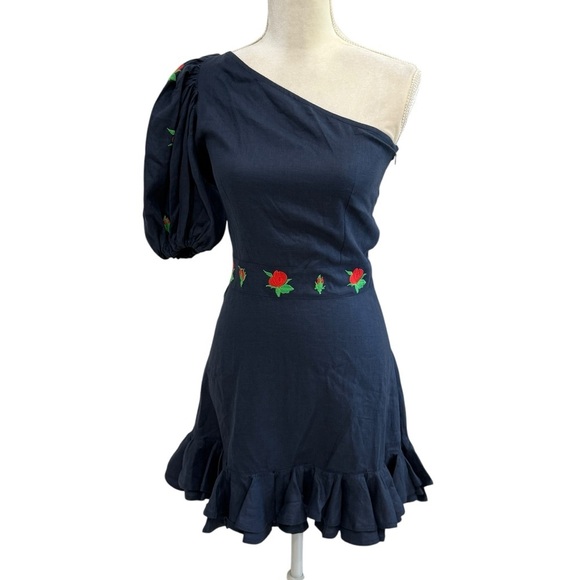 Fanm Mon Navy Flame Linen One Sleeve Ruffle Hem Floral Embroidery Mini Dress NWT - Picture 4 of 16